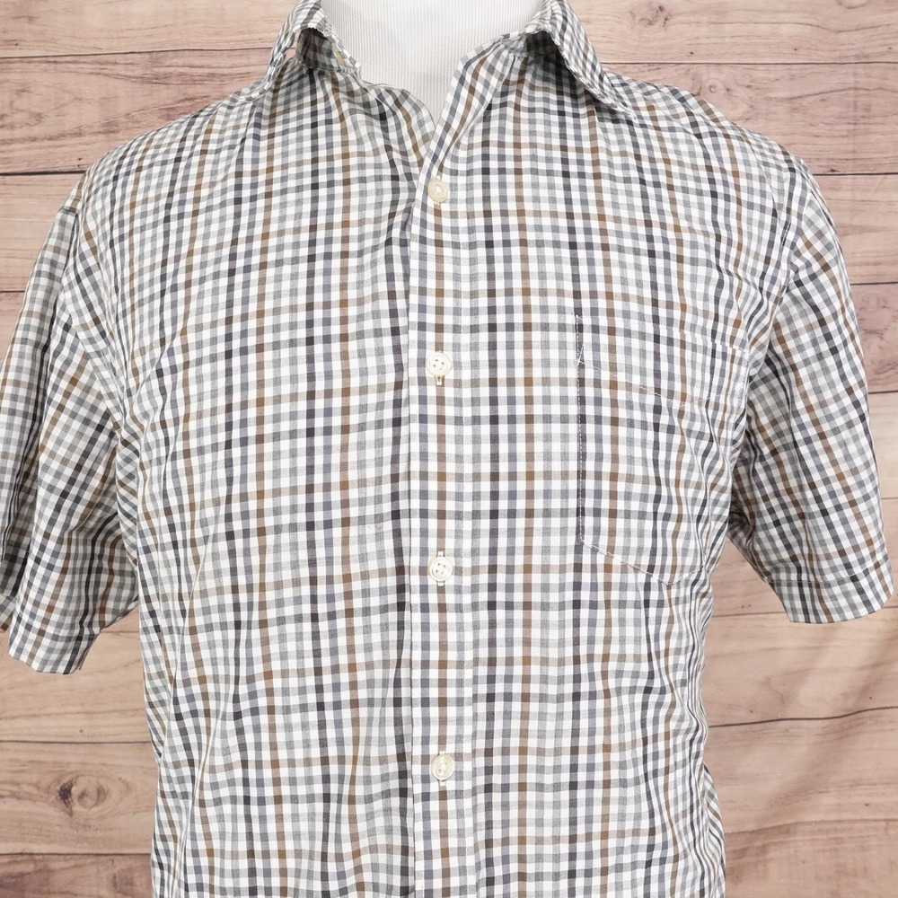 Van Heusen Shirt Mens XL Brown Gray Plaid Classic Fit Short Sleeve Button Up